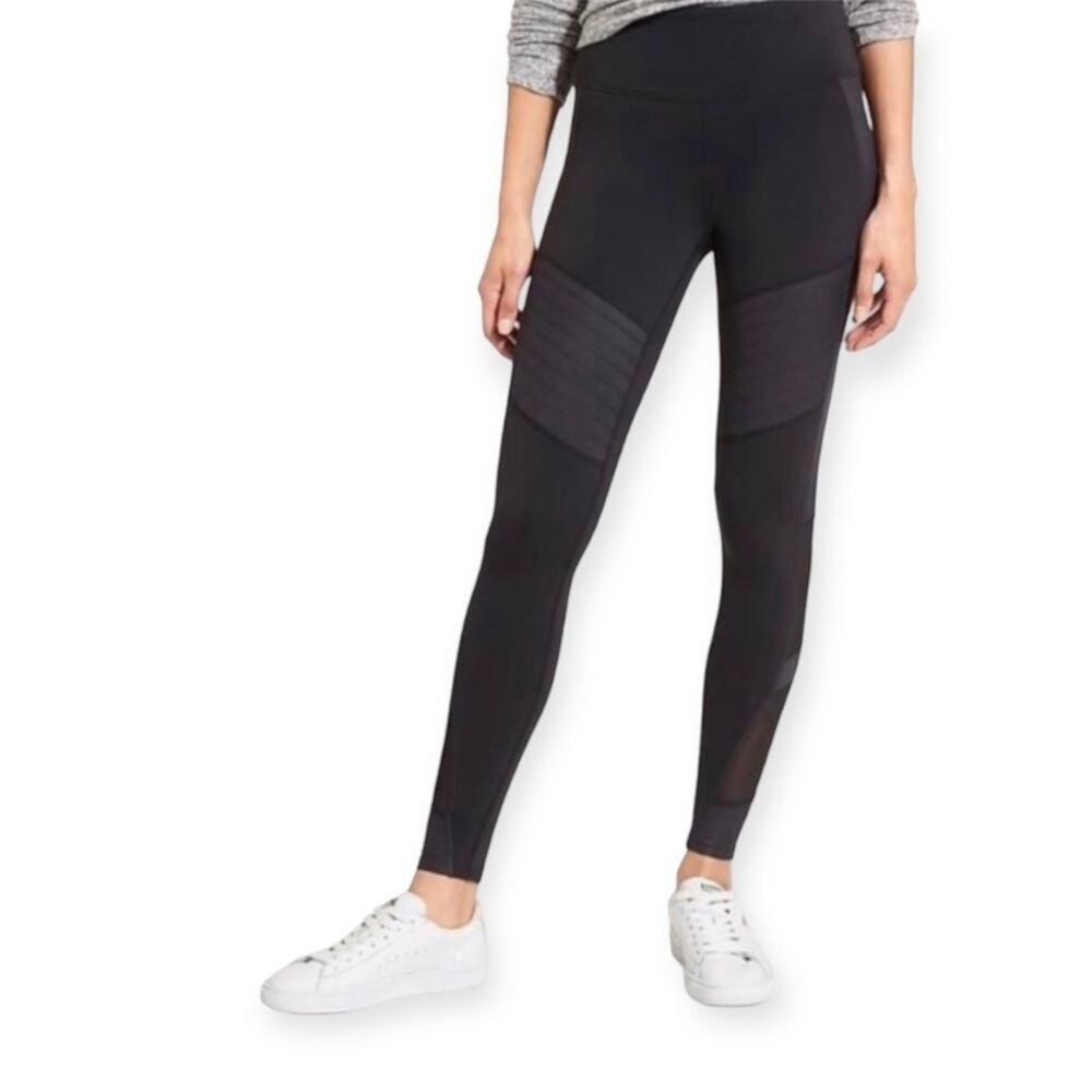 Athleta Black Moto High Rise Powerful‎ Gleam Mesh Leggings Size XS Yoga Workout